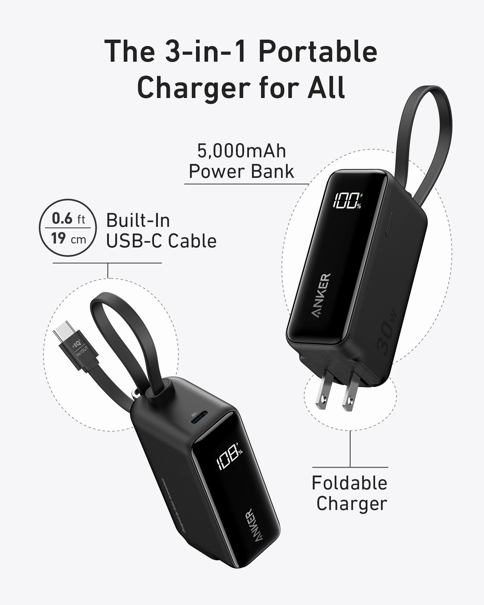 Anker Power Bank (30W, Fusion, Built-In USB-C Cable) | Customizable