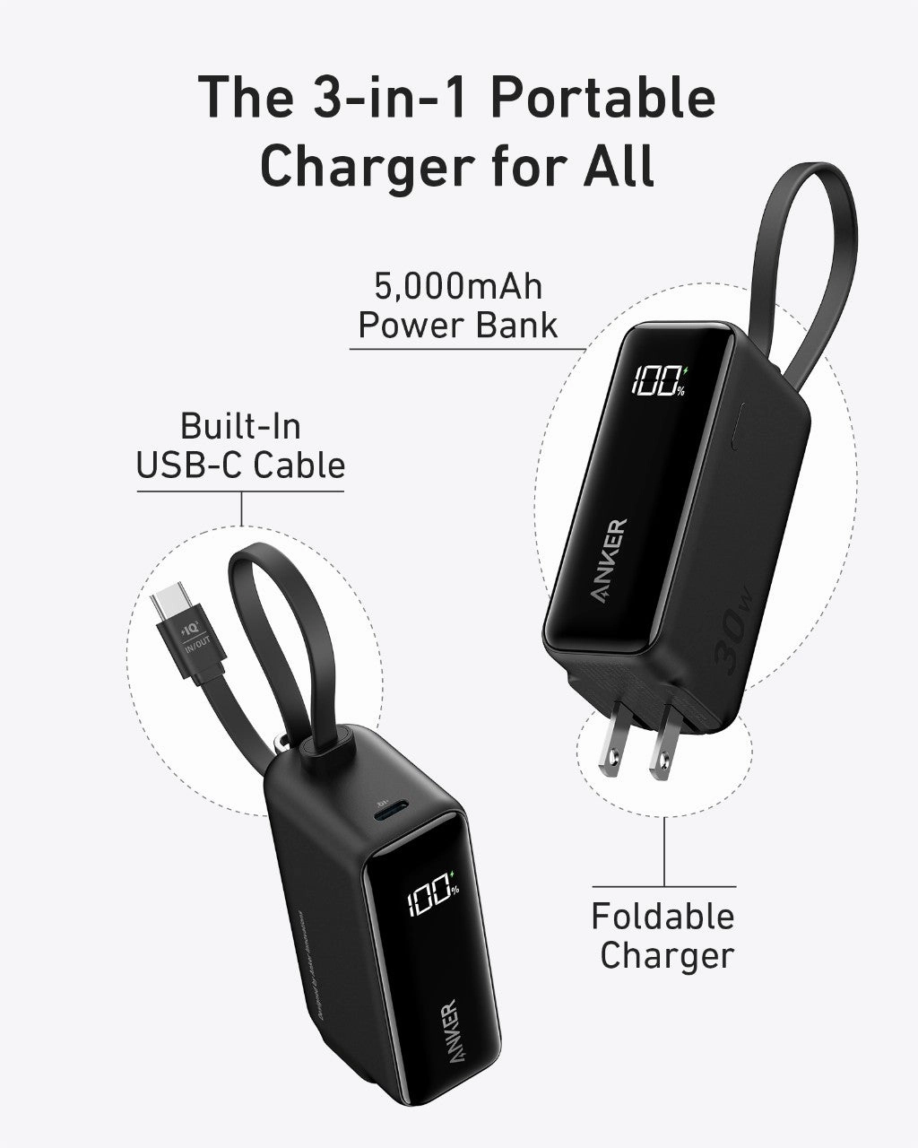 Anker Power Bank (30W, Fusion, Built-In USB-C Cable) | Customizable