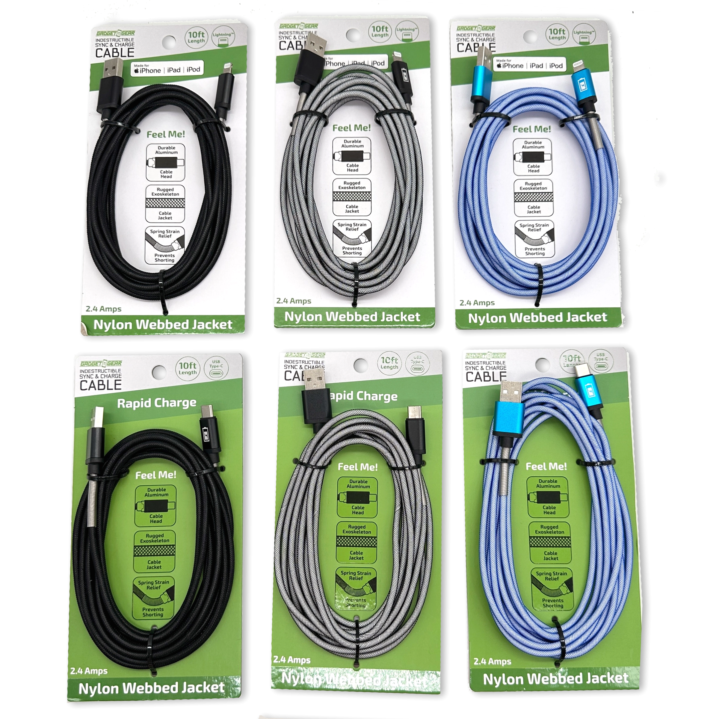 Charging Cable Indestructible Assortment 10FT 2.4 Amp - 6 Pieces Per Retail Ready Display 88468