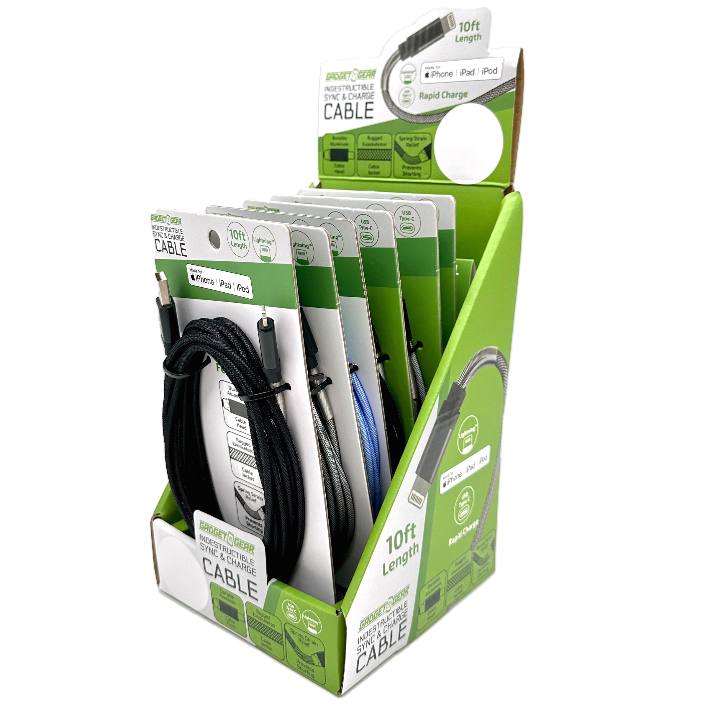 Charging Cable Indestructible Assortment 10FT 2.4 Amp - 6 Pieces Per Retail Ready Display 88468