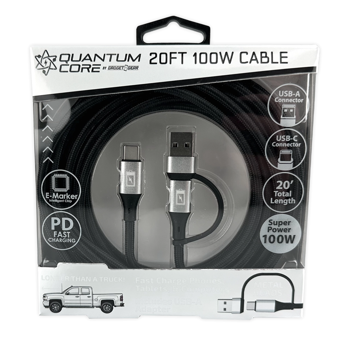 Charging Cable Quick Switch 2 in 1 Multi-Head USB to USB-C 20FT 100W - 6 Pieces Per Retail Ready Display 25823