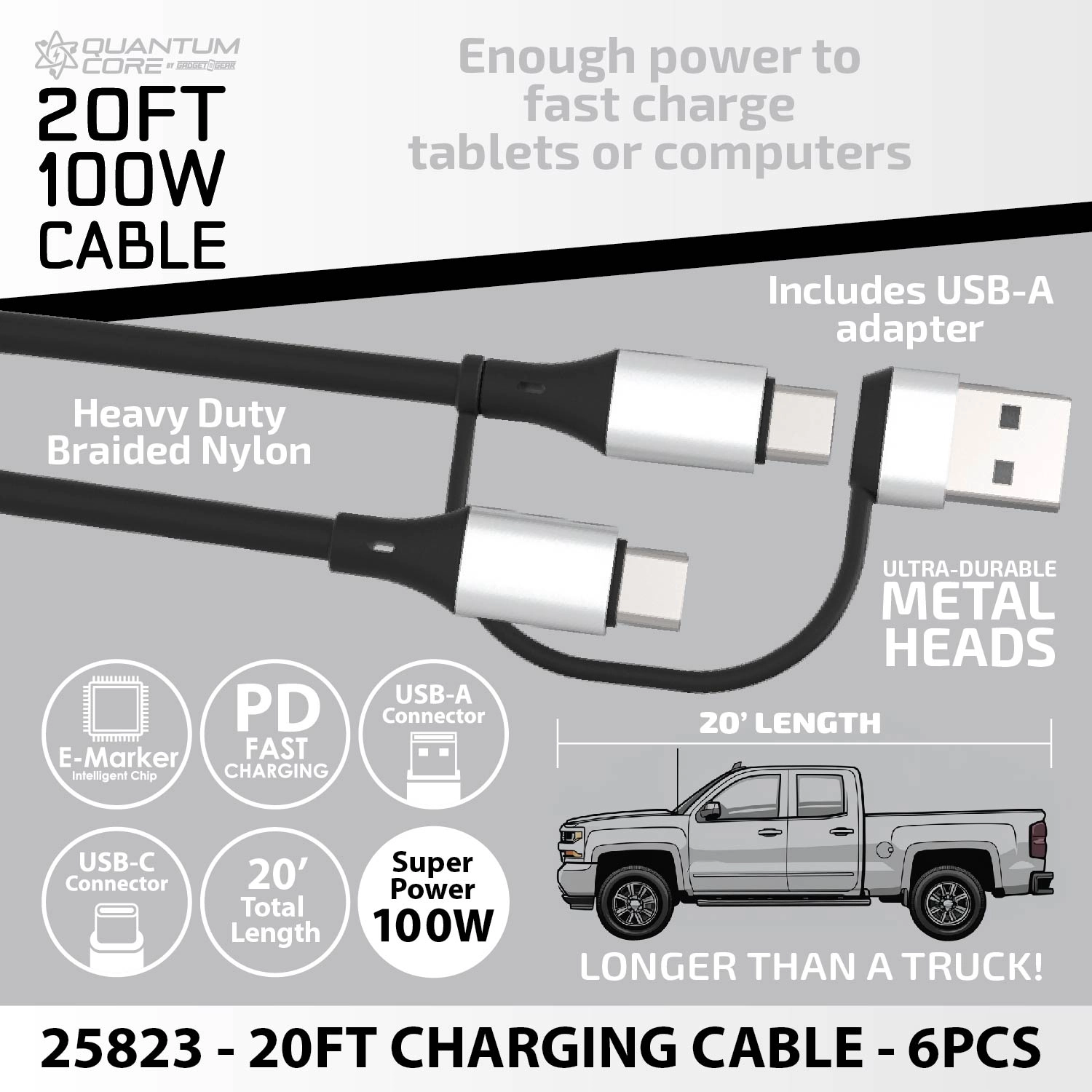 Charging Cable Quick Switch 2 in 1 Multi-Head USB to USB-C 20FT 100W - 6 Pieces Per Retail Ready Display 25823