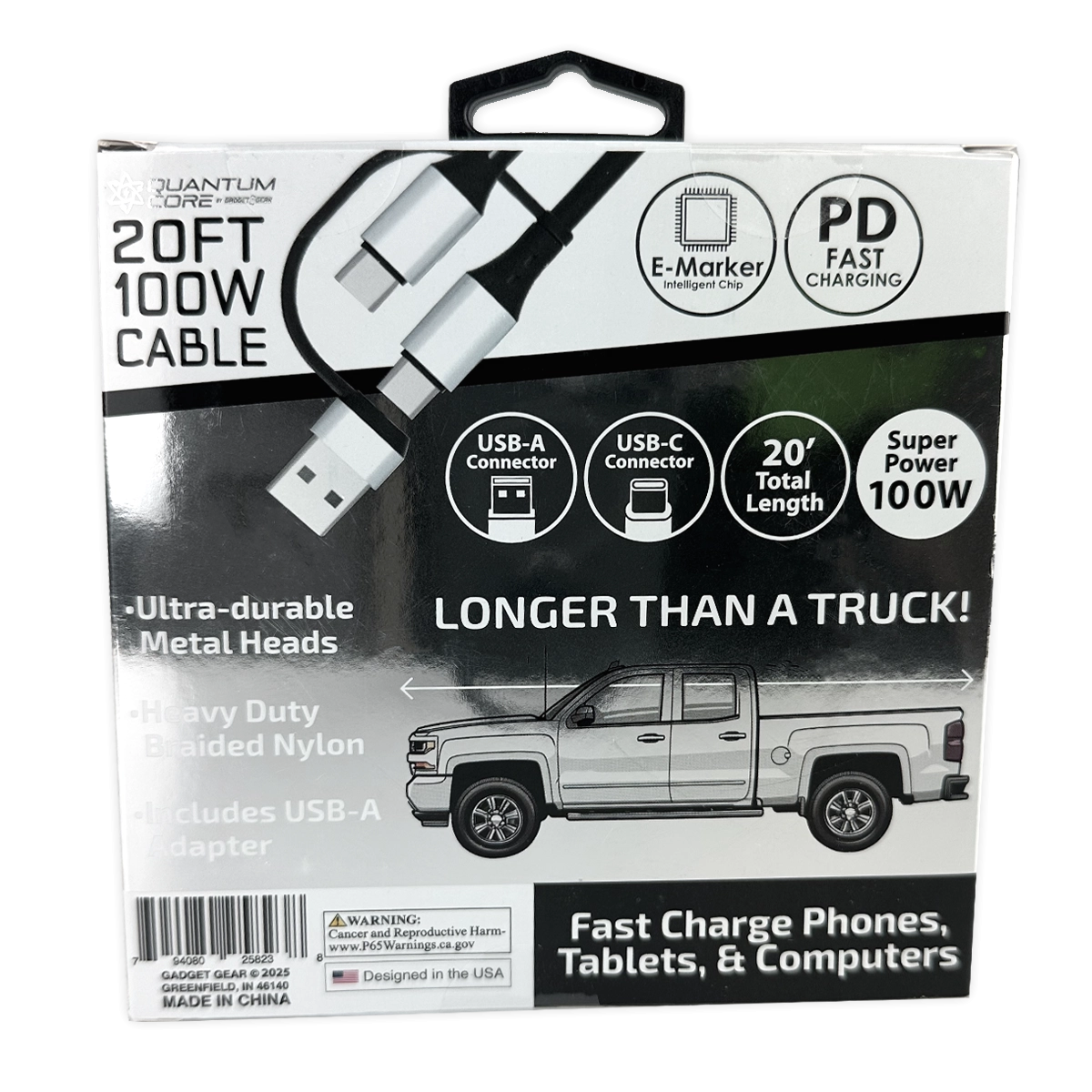 Charging Cable Quick Switch 2 in 1 Multi-Head USB to USB-C 20FT 100W - 6 Pieces Per Retail Ready Display 25823
