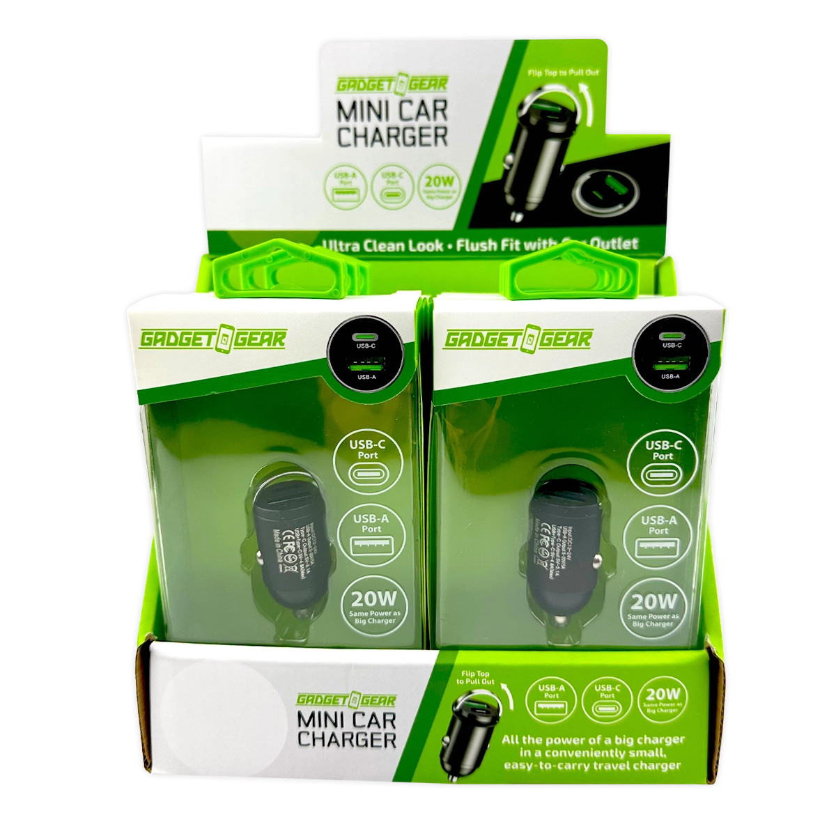 Mini Car Charger DC Dual Port USB / USB-C 20 Watts - 6 Pieces Per Retail Ready Display 25751