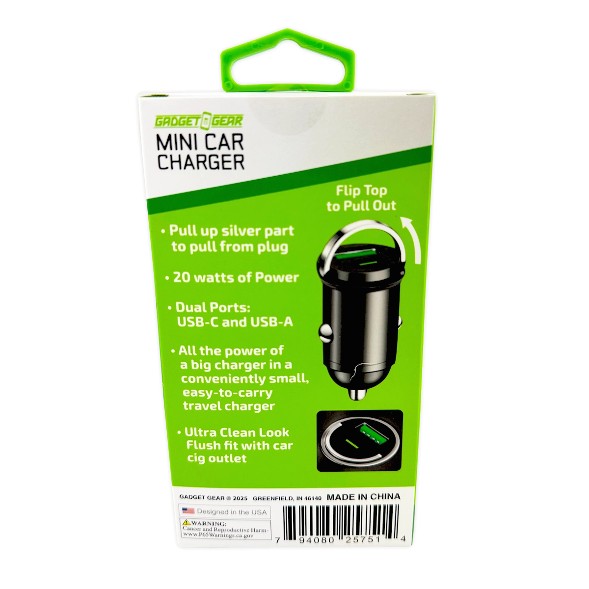 Mini Car Charger DC Dual Port USB / USB-C 20 Watts - 6 Pieces Per Retail Ready Display 25751