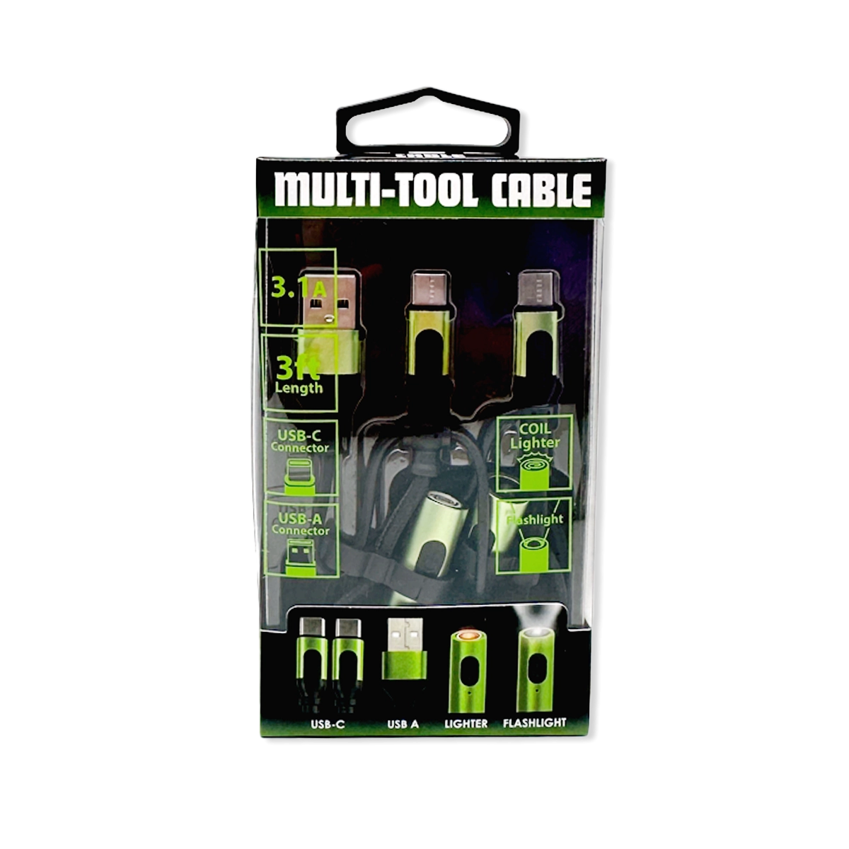Multi-Tool Charging Cable Coil Lighter Flashlight Dual USB-C Ports with USB to USB-C - 6 Pieces Per Retail Ready Display 25318