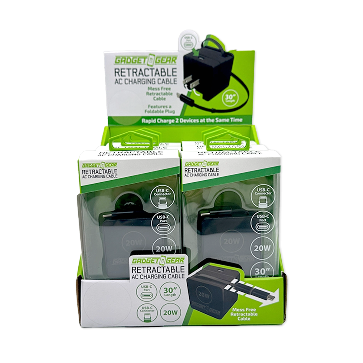 Retractable 30" Charger AC Dual Port USB-C 20 Watts - 6 Pieces Per Retail Ready Display 25383