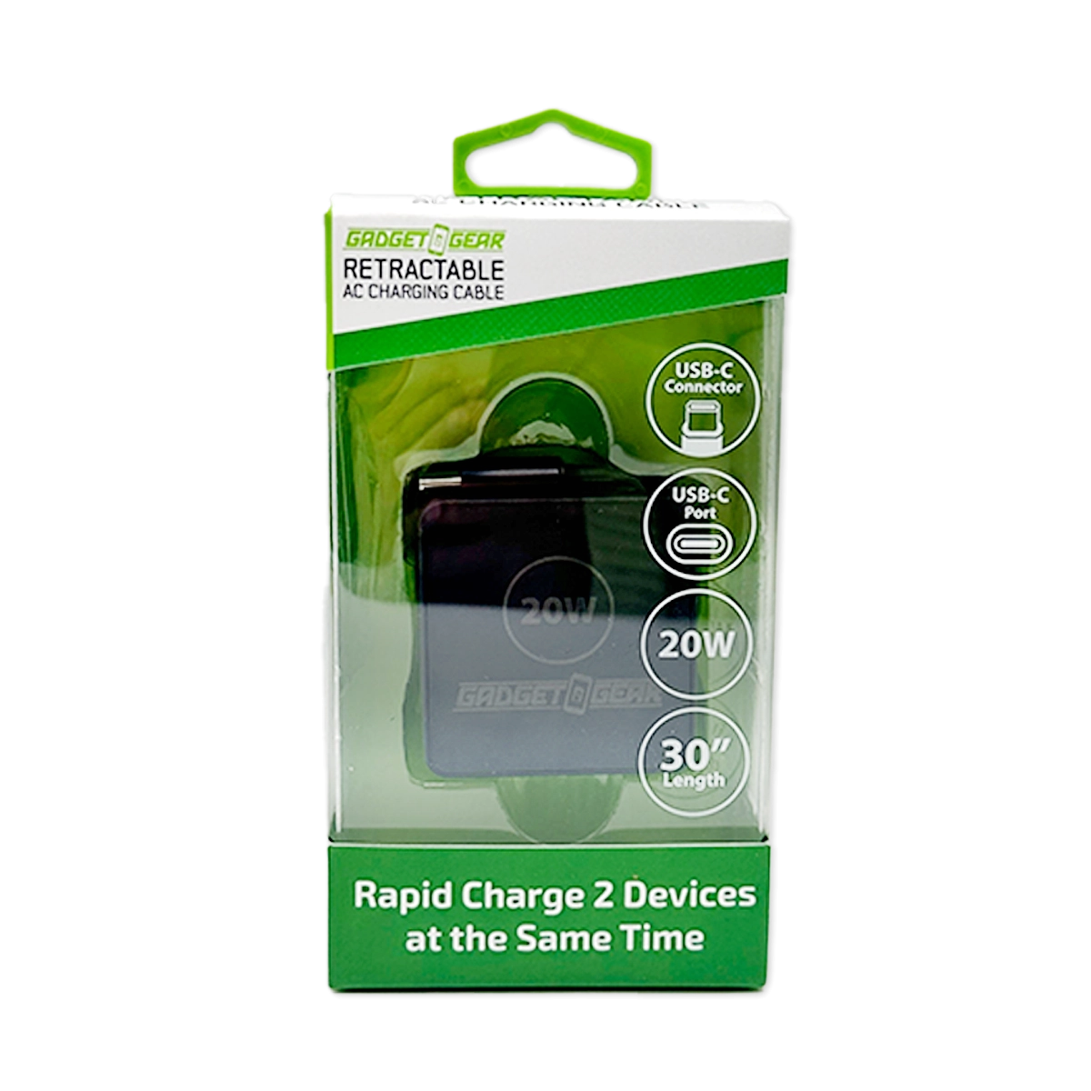 Retractable 30" Charger AC Dual Port USB-C 20 Watts - 6 Pieces Per Retail Ready Display 25383