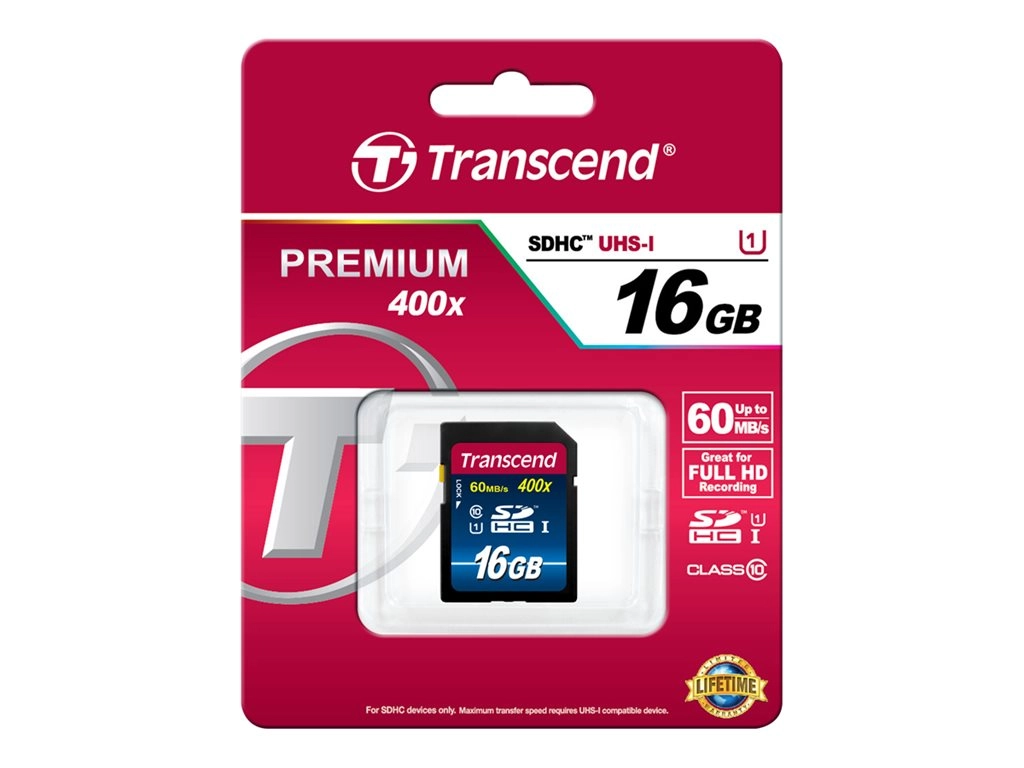 Transcend Premium - Flash memory card - 16 GB - UHS Class 1 / Class10 - 400x - SDHC UHS-I TS16GSDU1