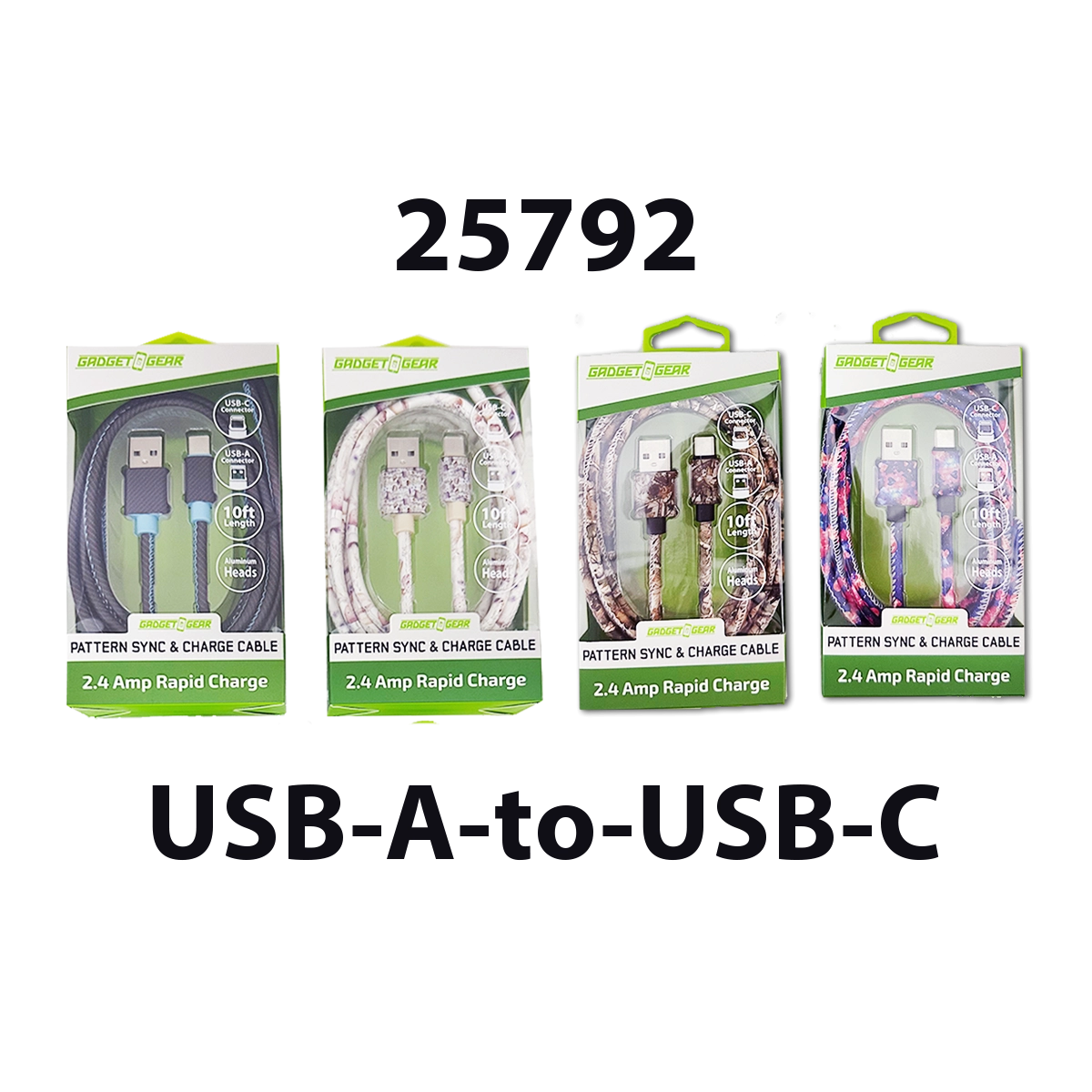 USB-C / USB-A Charging Cable Assortment 10FT 20 Watts - 6 Pieces Per Retail Ready Display 88602