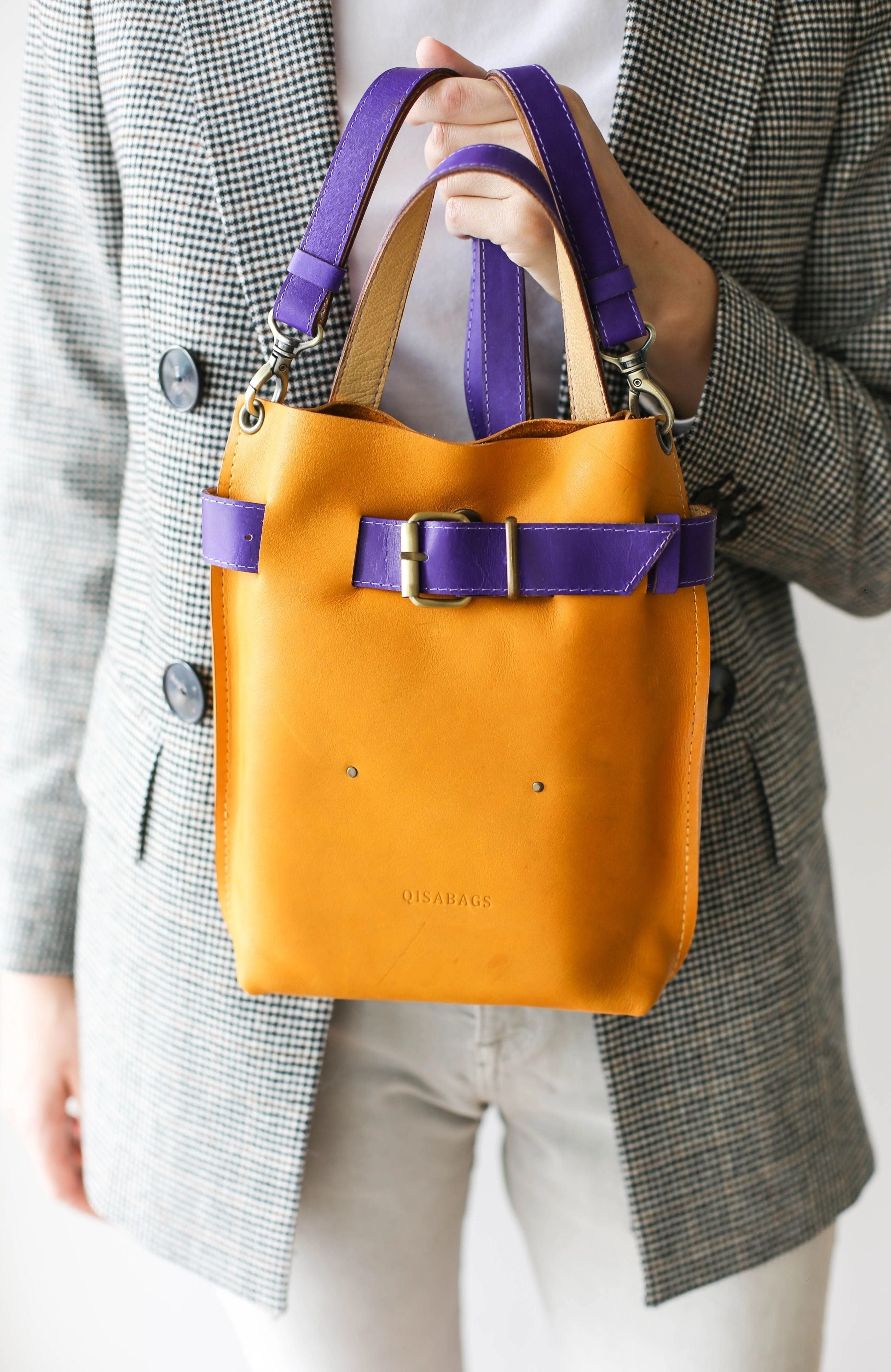 Yellow w/Purple Mini Leather Backpack