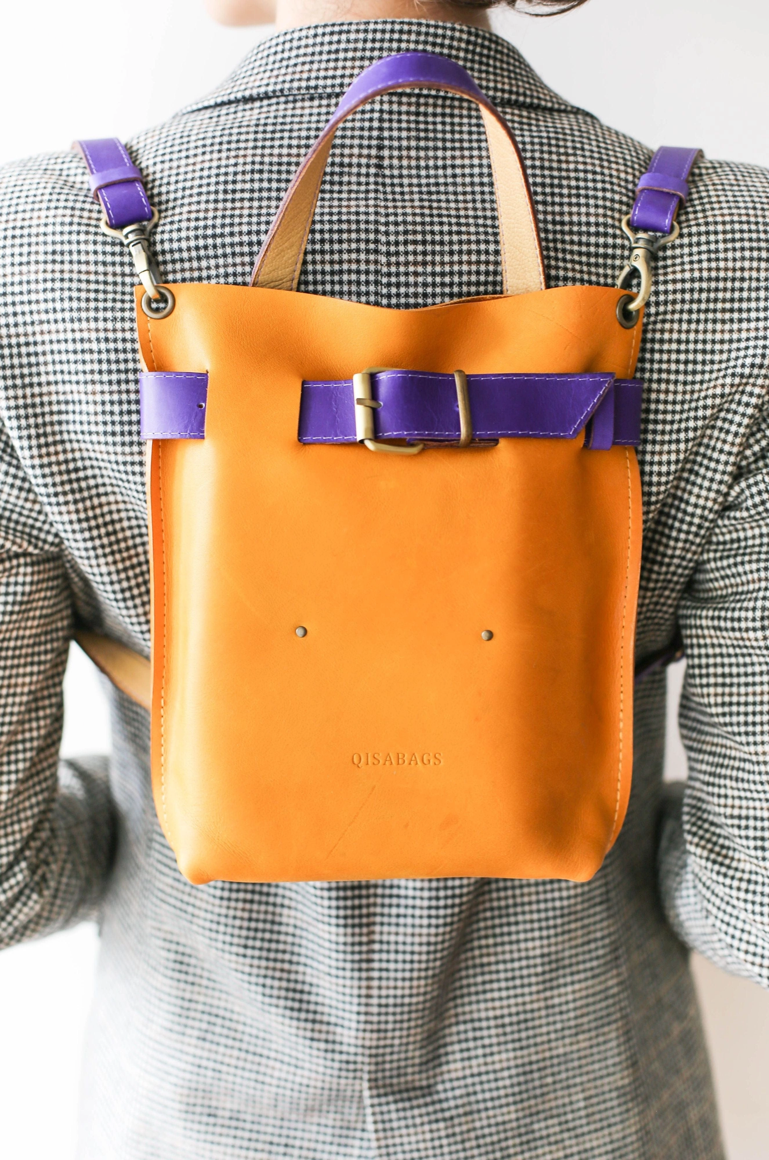 Yellow w/Purple Mini Leather Backpack