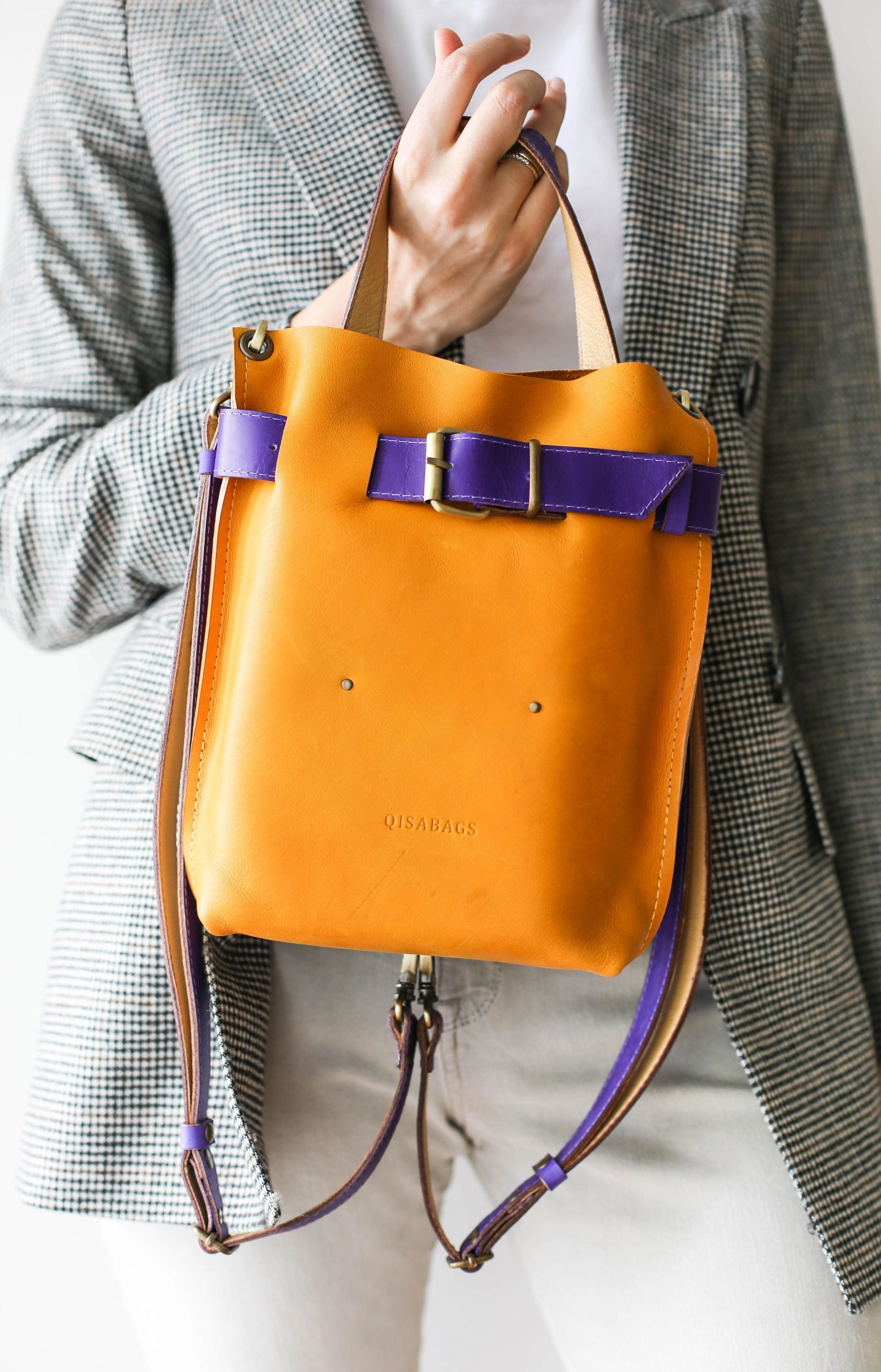 Yellow w/Purple Mini Leather Backpack