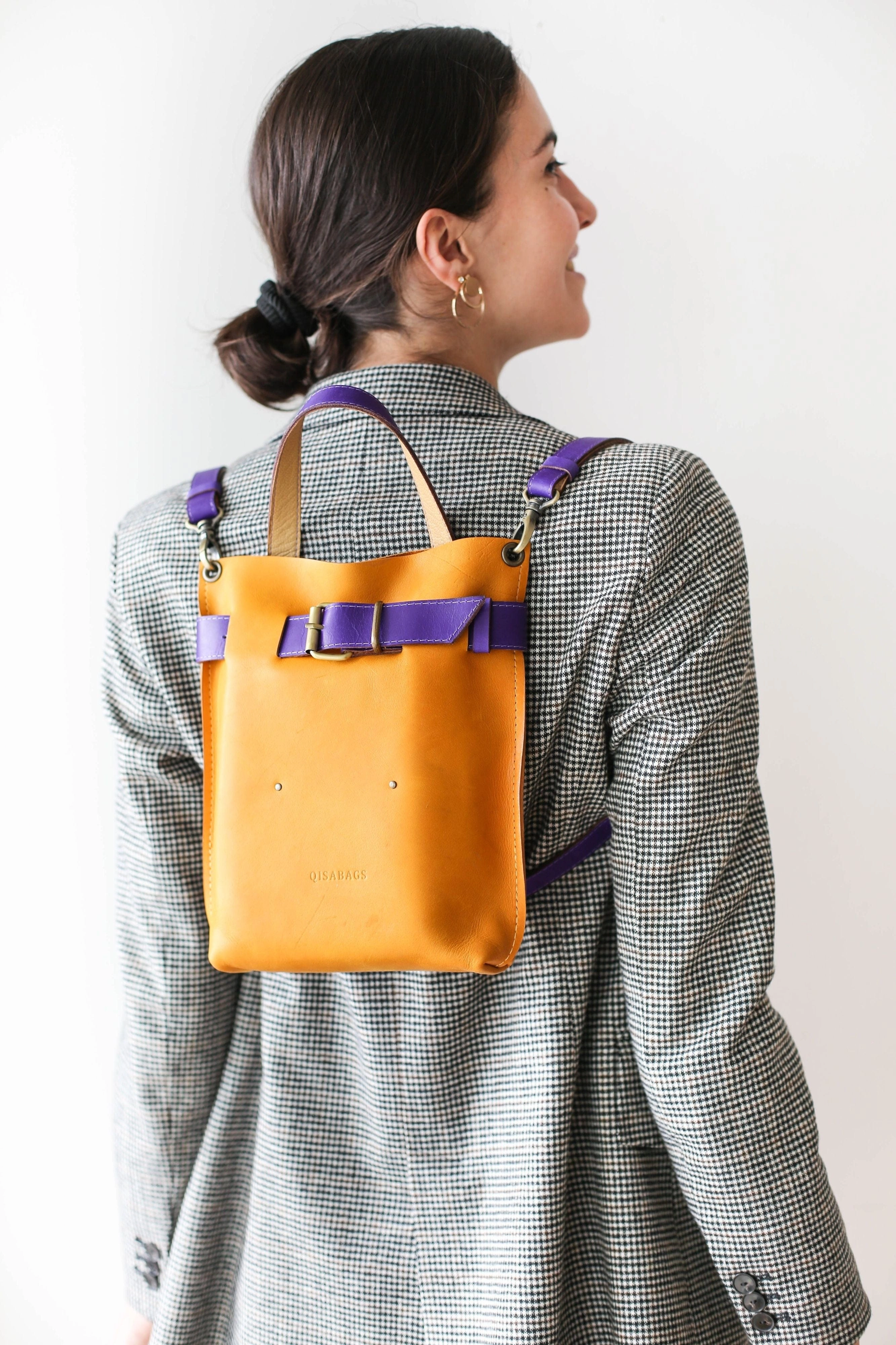 Yellow w/Purple Mini Leather Backpack